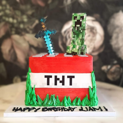 Boy's birthday cake, trending birthday party themes, game cakes, 7 year old boy party, 8 year old birthday, Mom's choice, creeper cake, TNT cake, Minecraft Cake, Cool Cake Vegas, Kids Cake Vegas, Bakery Near Me